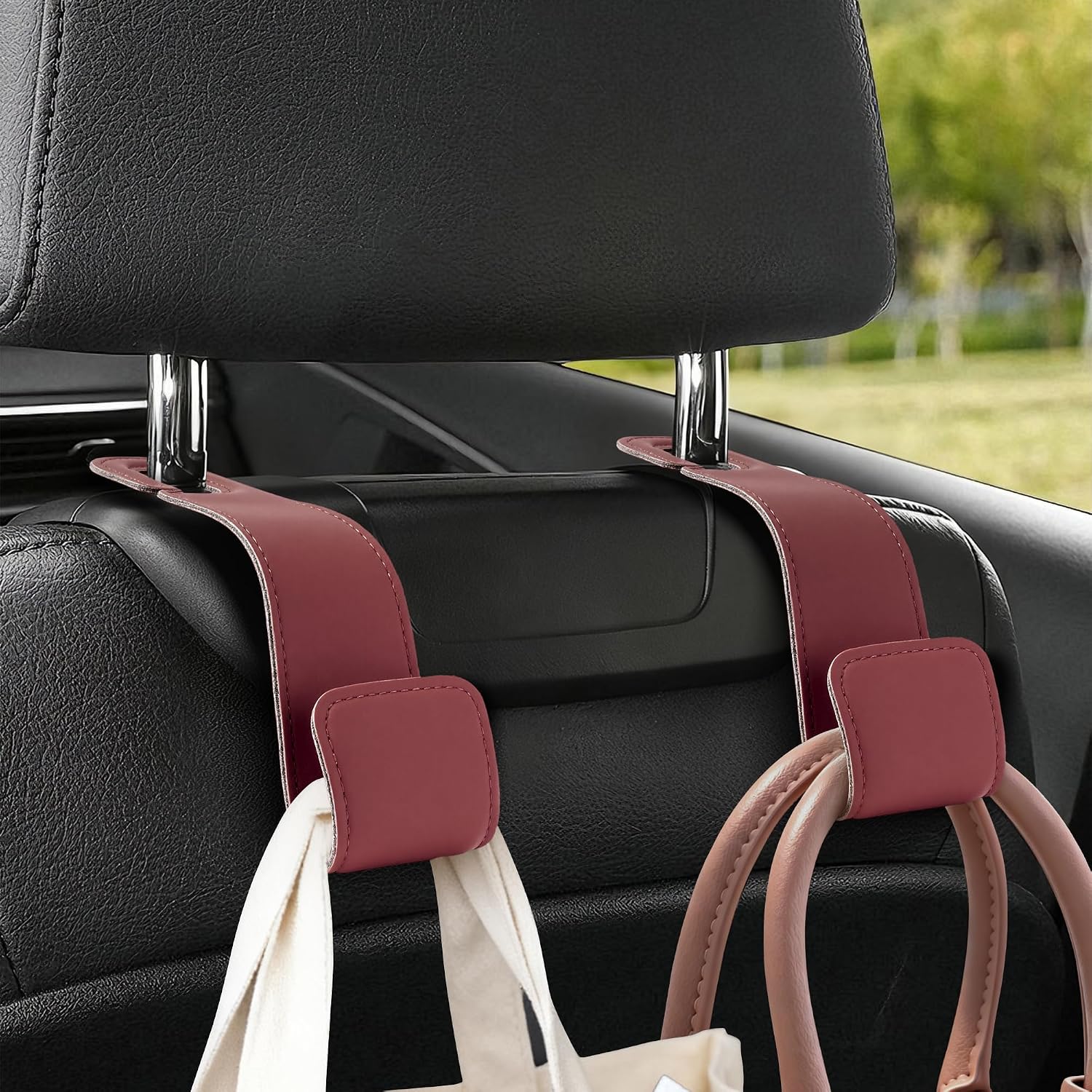 Leather Car headrest Hook for Purses and Bags (Red, 2pcs)