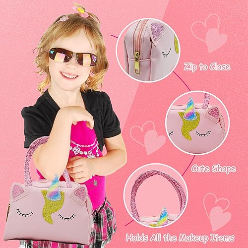 Miniatura 3 de Kit de maquillaje para niños para niña, juego de maquillaje de 27 piezas con bolsa de cosméticos de unicornio rosa, maquillaje de simulación para