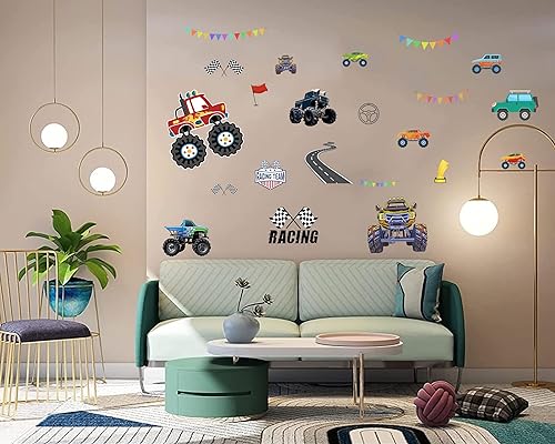 Calcomanías de pared de camión monstruo para habitación de niños, calcomanías modernas de pared de automóvil, acuarela, camión monstruo, arena,