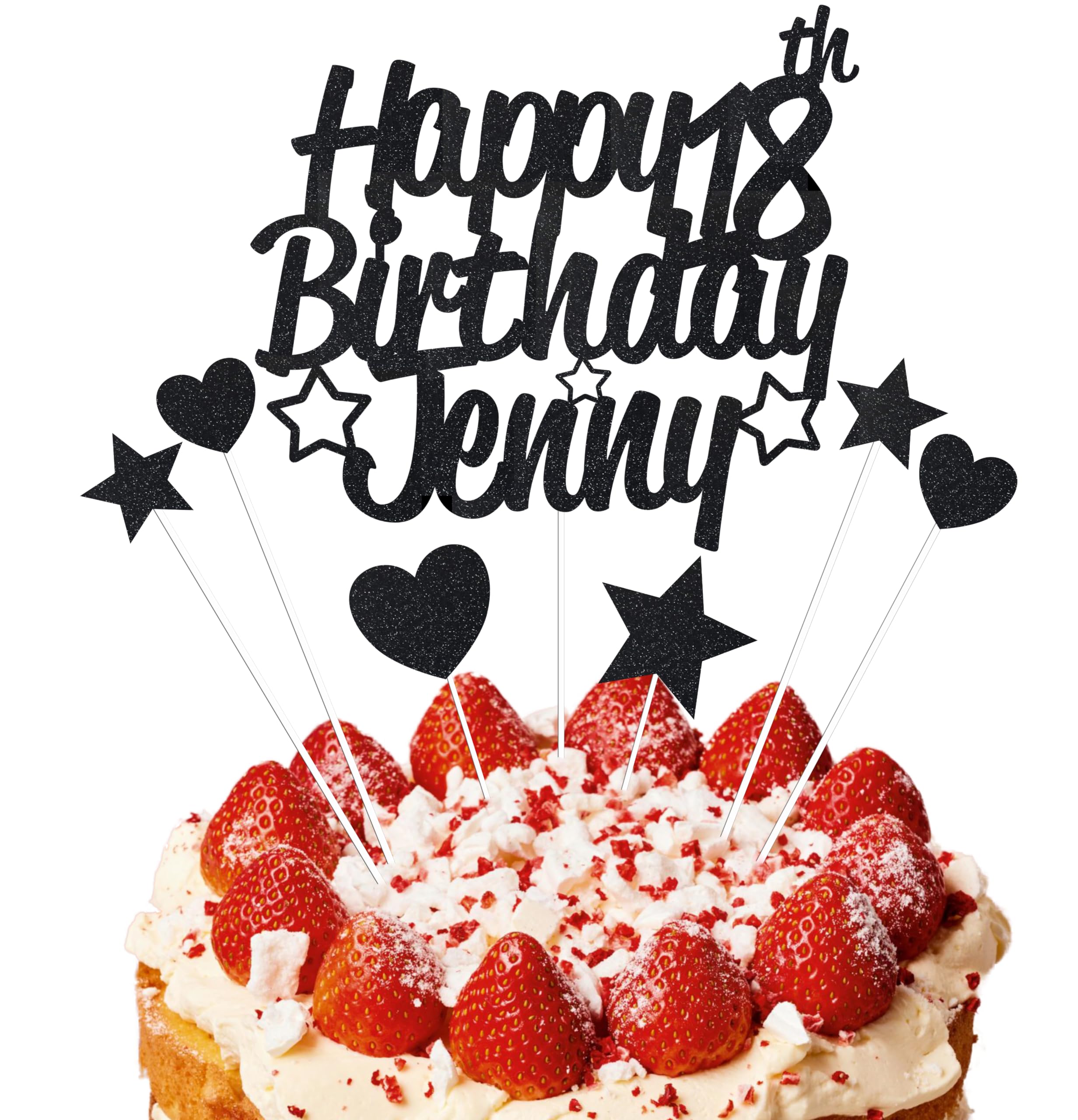 EKAM Personalised Happy Birthday Cake Topper, Customised with Any Age Name Party Cake Decoration, Glitter Card Cake Topper With Heart Star Cup Cake Toppers - 9Pcs (Prime, Black)