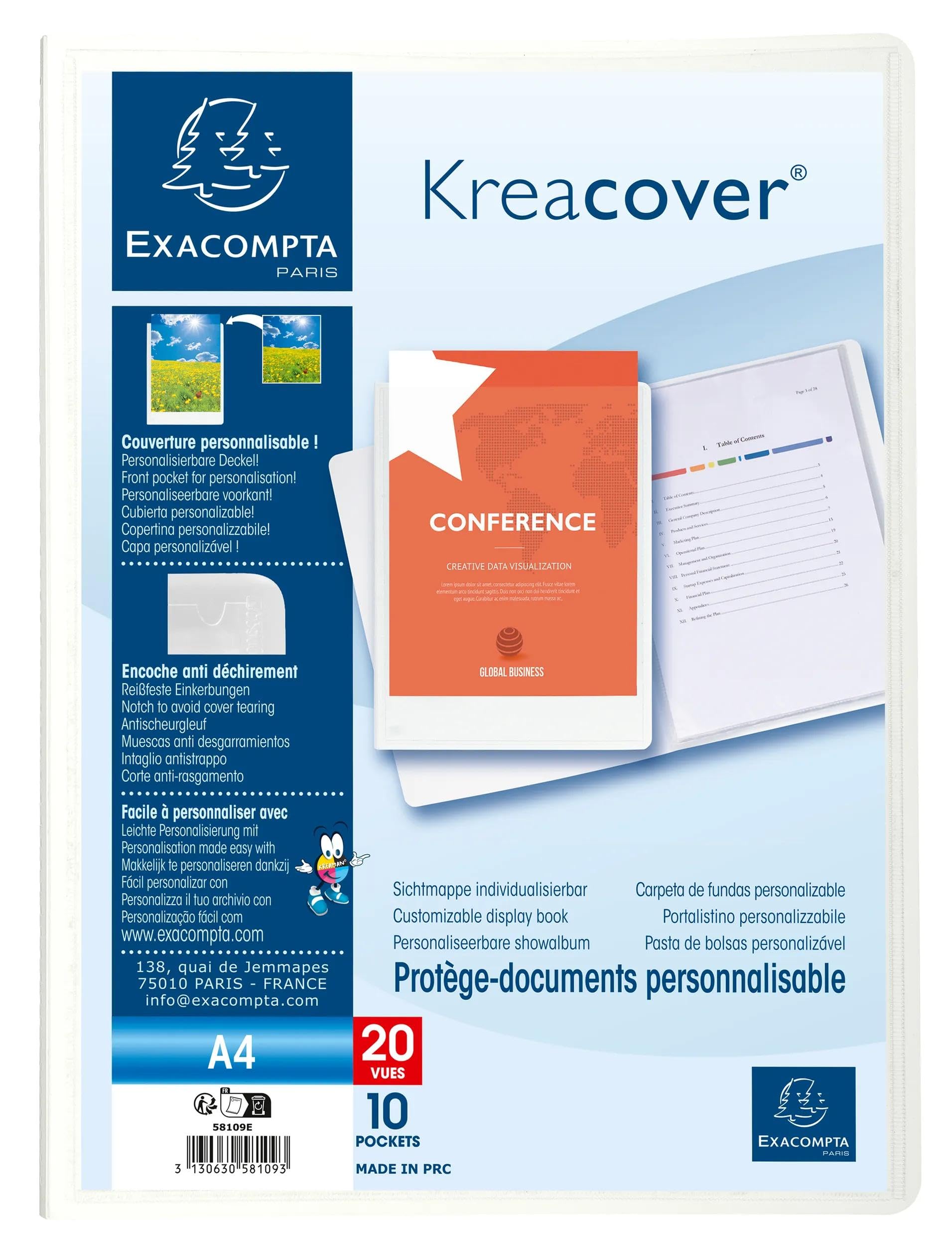 Exacompta 58109E 20er Pack Sichtmappe KreaCover Chromaline aus Kunststoff DIN A4 mit 10 Klarsichthüllen, 20 Sichten, Tasche am Vorderdeckel zum selbstgestalten, Aktenhülle, farbig sortiert
