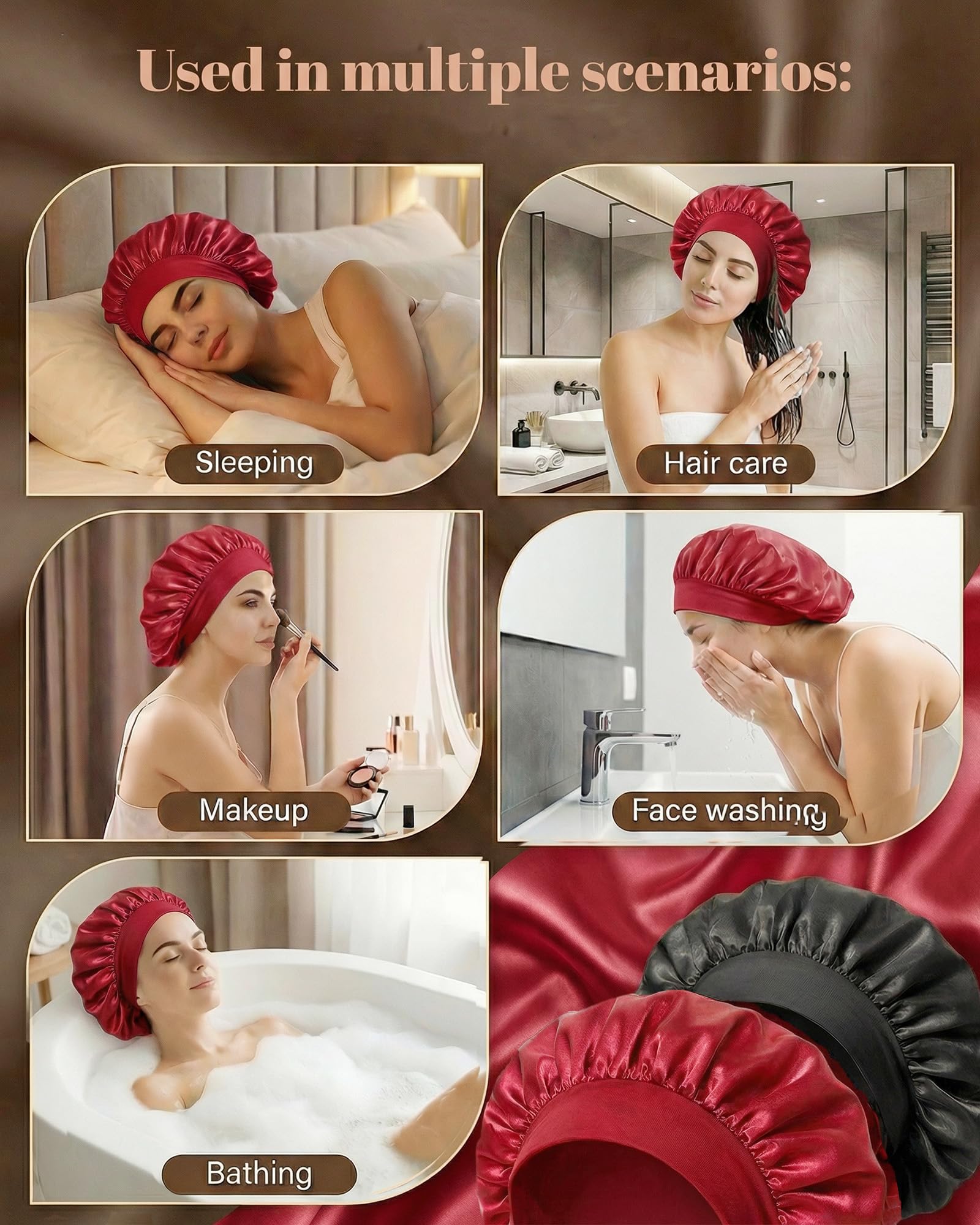 lulir Gorro de Seda para Dormir 2 Piezas - Gorro Saten Pelo Rizado con 2 Coleteros, Silk Bonnet Ajustable con Banda Elástica, Suave Antifrizz Cuidado del Cabello, para Mujer y Niña — view 7