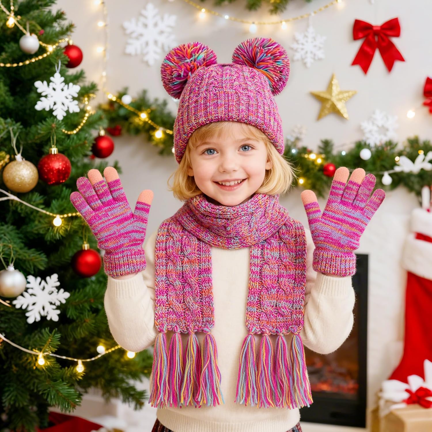 4PCS Kids Winter Hat Gloves Scarf Set, Girls Toddler Beanie with Pom Knit Neck Warmer & Touchscreen Gloves for Girls Boys - Image 7
