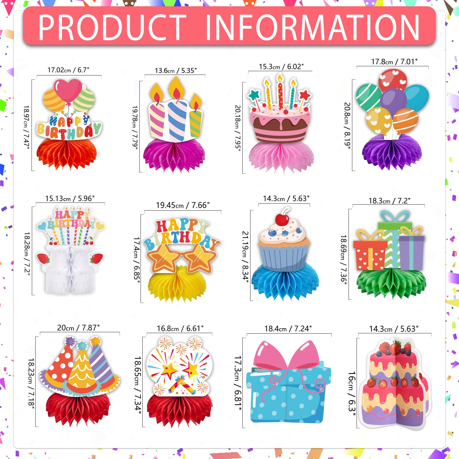 kockuu Birthday Party Table Decoration Centerpiece, 12 Pcs Colorful Happy Birthday Table Decoration Honeycomb for Holiday Celebrations Kids Party Decor Supplies