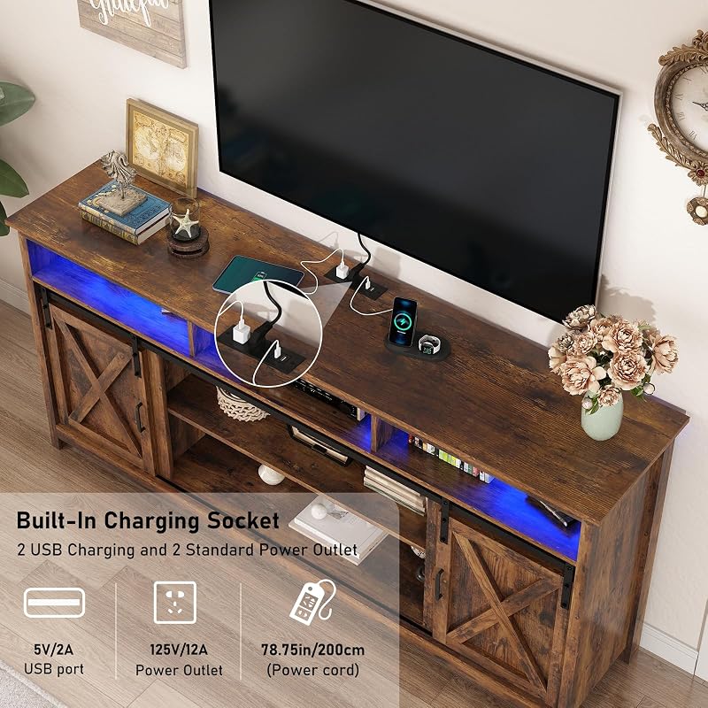 70" LED Farmhouse TV Stand for 80/75/70 Inch TVs,Tall Entertainment Center Storage Cabinets w/Power Outlets and Sliding Barn Door,Rustic TV Stands for Living Room,Media Console Cabinet (Brown) image 4