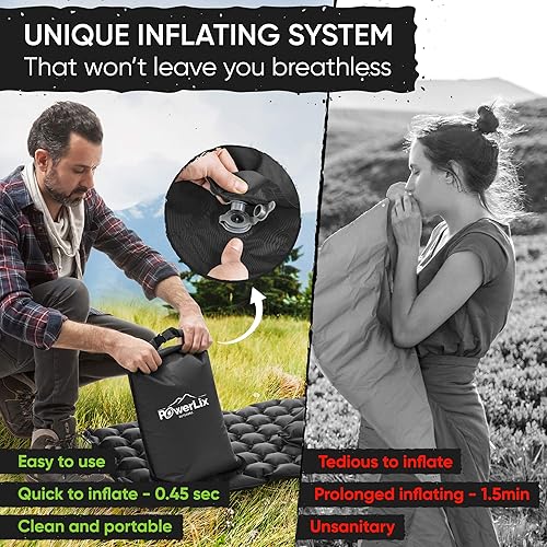 Vista 52 de Powerlix - Colchoneta inflable ultraligera y compacta con bolsa de inflado, bolsa de transporte y kit de reparación, ideal para acampar, mochilero