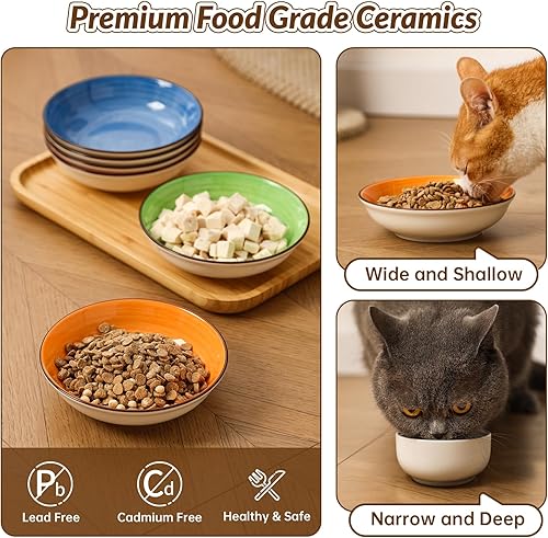 Miniatura 4 de Juego de cuencos coloridos de cerámica para gatos, platos anchos y poco profundos para alimentos y agua, paquete de 6 cuencos de alimentación para