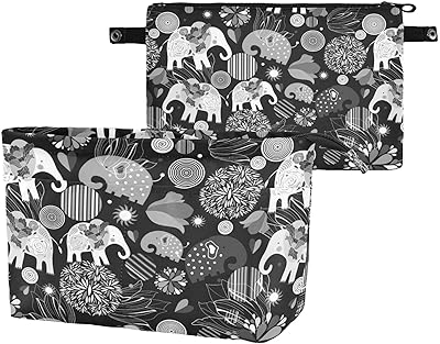 Vintage Enamored Elephants Elephant Circles Flowers on Dark Women Cosmetic Storage Handbag Case Portable Coin Purse, Makeup Bag Toiletry Handbag Organizer, Large Ladies Pouch Holder L