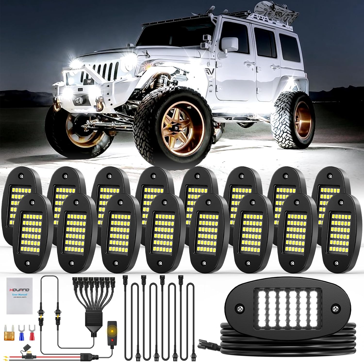 Hovano 16 Pods White Rock Light Kit with Wired Switch - 6500K Pure White LED Underglow, IP68 Waterproof, Super Bright 36 LEDs for Trailer Off Road SUV UTV ATV RZR Car