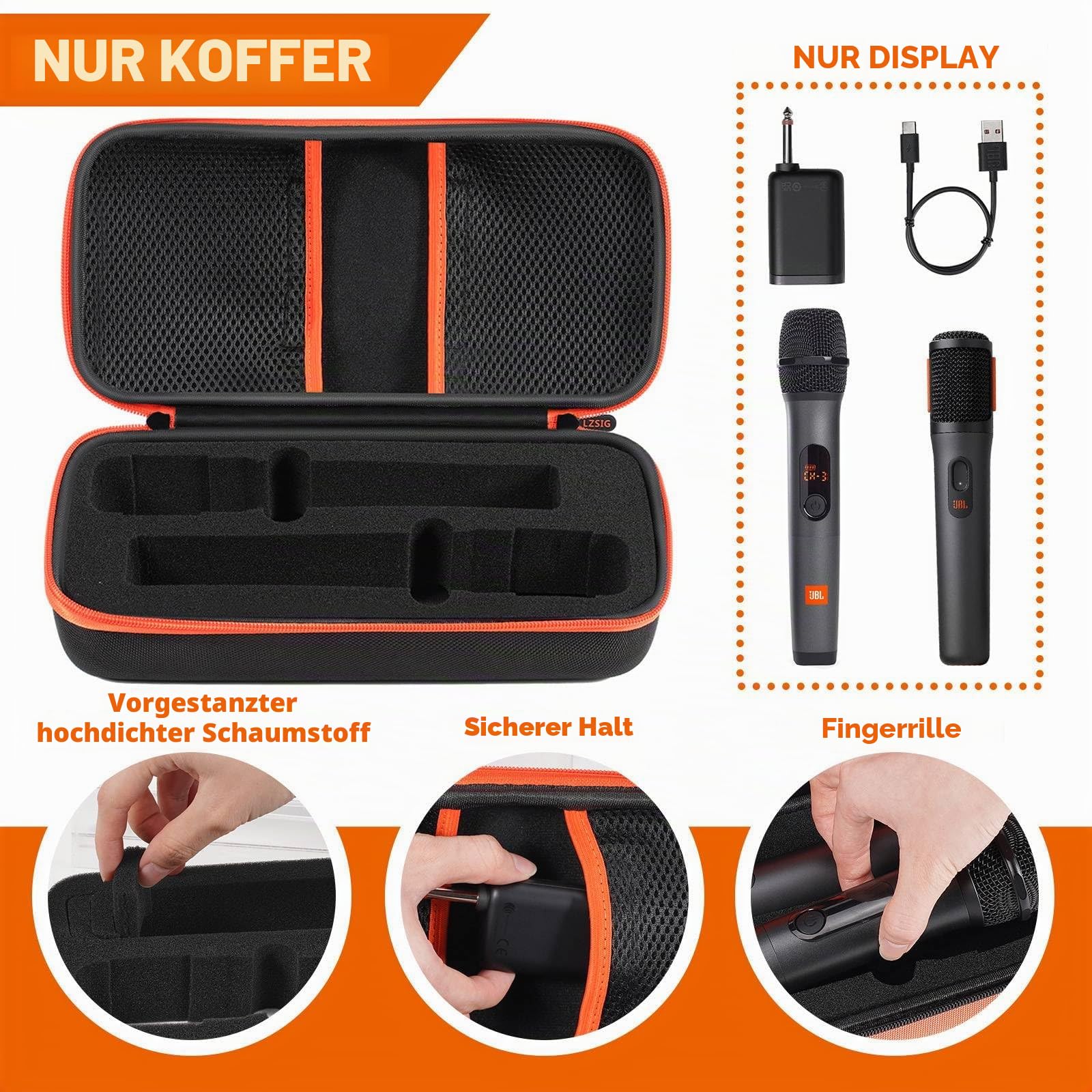 Kabellose Mikrofonhülle, kompatibel mit JBL Wireless Two Microphone System, vorgeschnittener Schaumstoff für Dual Handheld Partybox Mikrofon, Reisetasche für Receiver, Batterien und Adapter, Karaoke