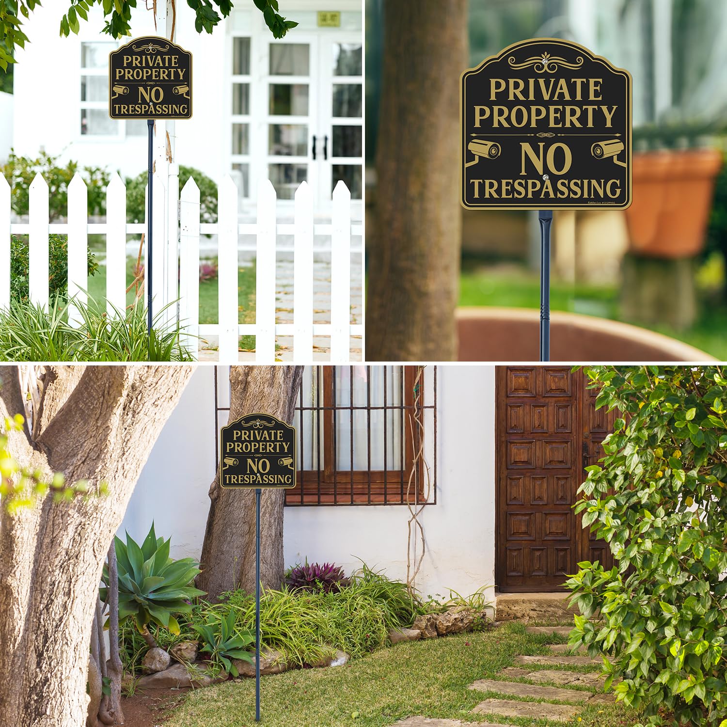 Faittoo Grand panneau « No Trespassing » propriété privée avec piquet épais en métal de 132,1 cm, 30,5 x 30,5 cm, aluminium lourd antirouille, réfléchissant, résistant à la décoloration, facile à