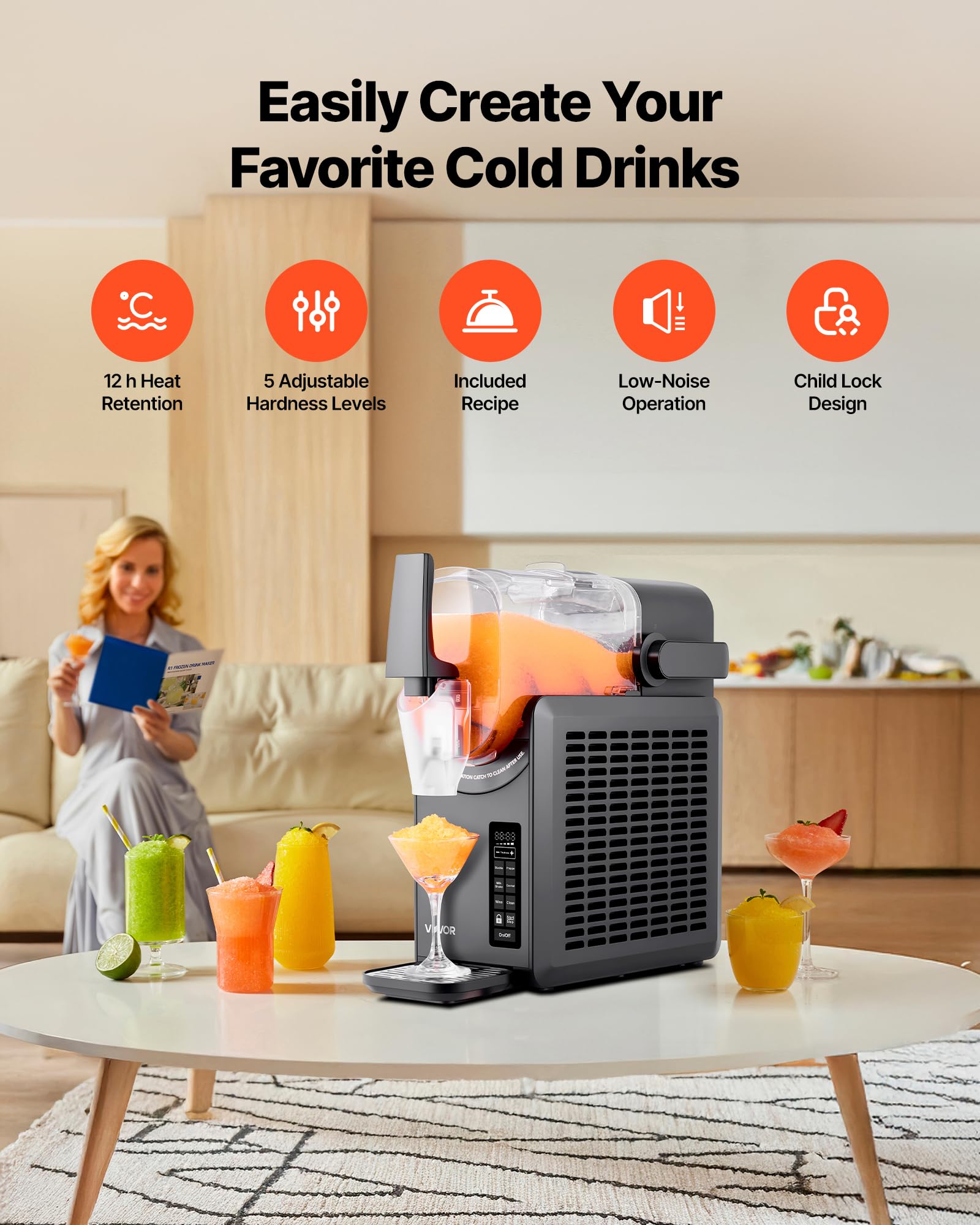 VEVOR Macchina per Granita da 2,6 L, Macchina per Bevande Ghiacciate Fredde con 5 Programmi Preimpostati, Funzinoe Autopulizia, Ghiacciate, Frappé, Milkshake, Cocktail