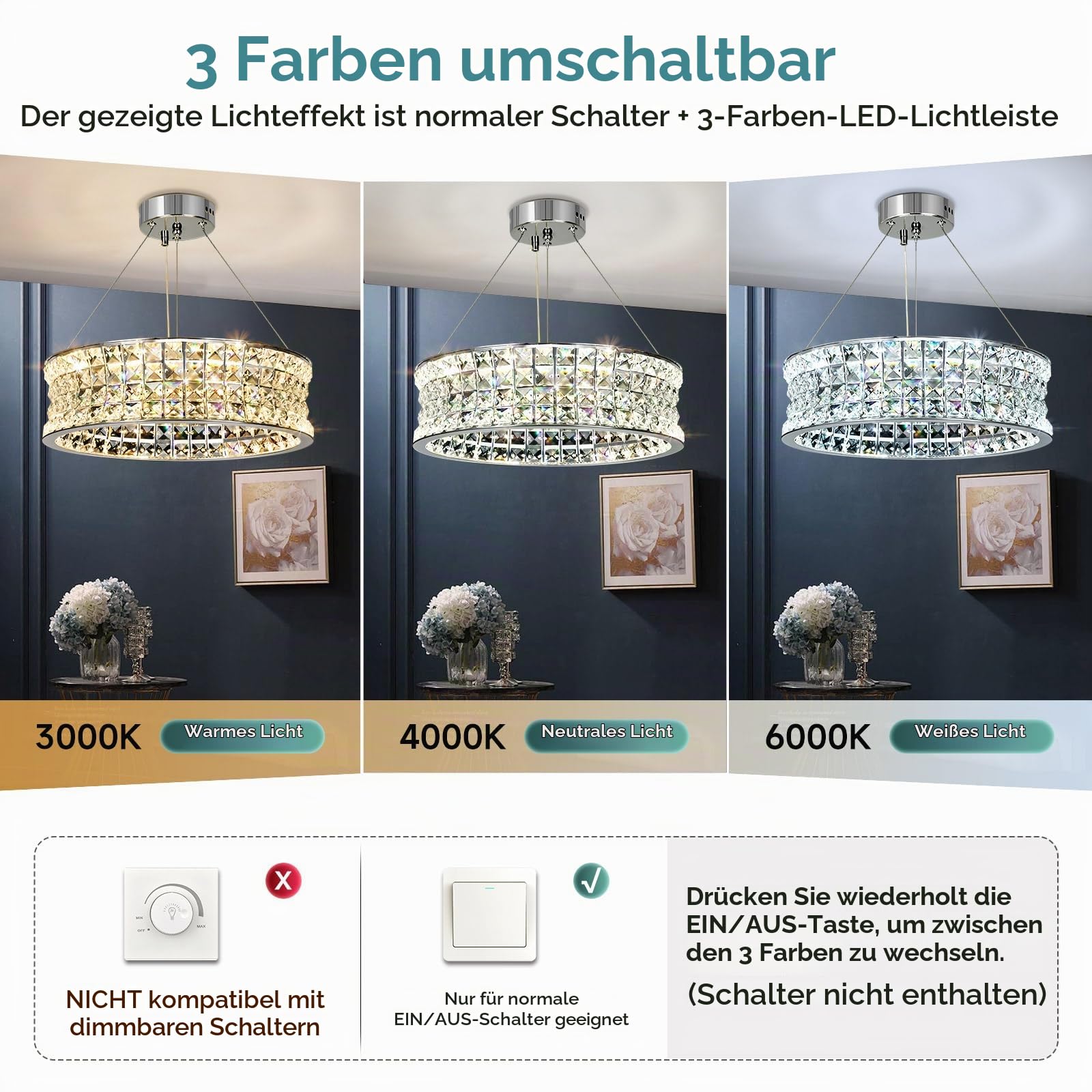 Luxus Kristall Kronleuchter Modern Pendelleuchte Chrom, Klein Hängeleuchte Kristall Lampe, für Wohnzimmer, Esszimmer, Schlafzimmer, Restaurant, Φ40cm