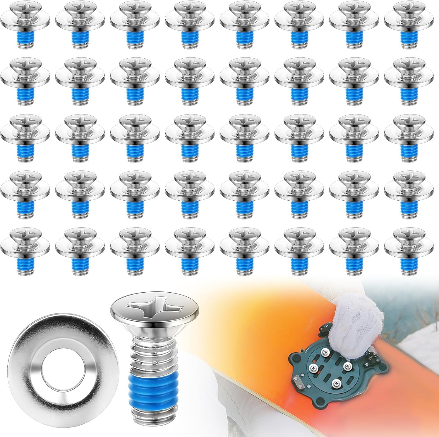 Moxweyeni 80 Pcs Snowboard Binding Screw Bulk Stainless Steel Snowboard Mounting Screws Hardware with Anti-Slip Washer Ski Binding Accessories Fits Most Ski Sport Bindings Discs Replacement