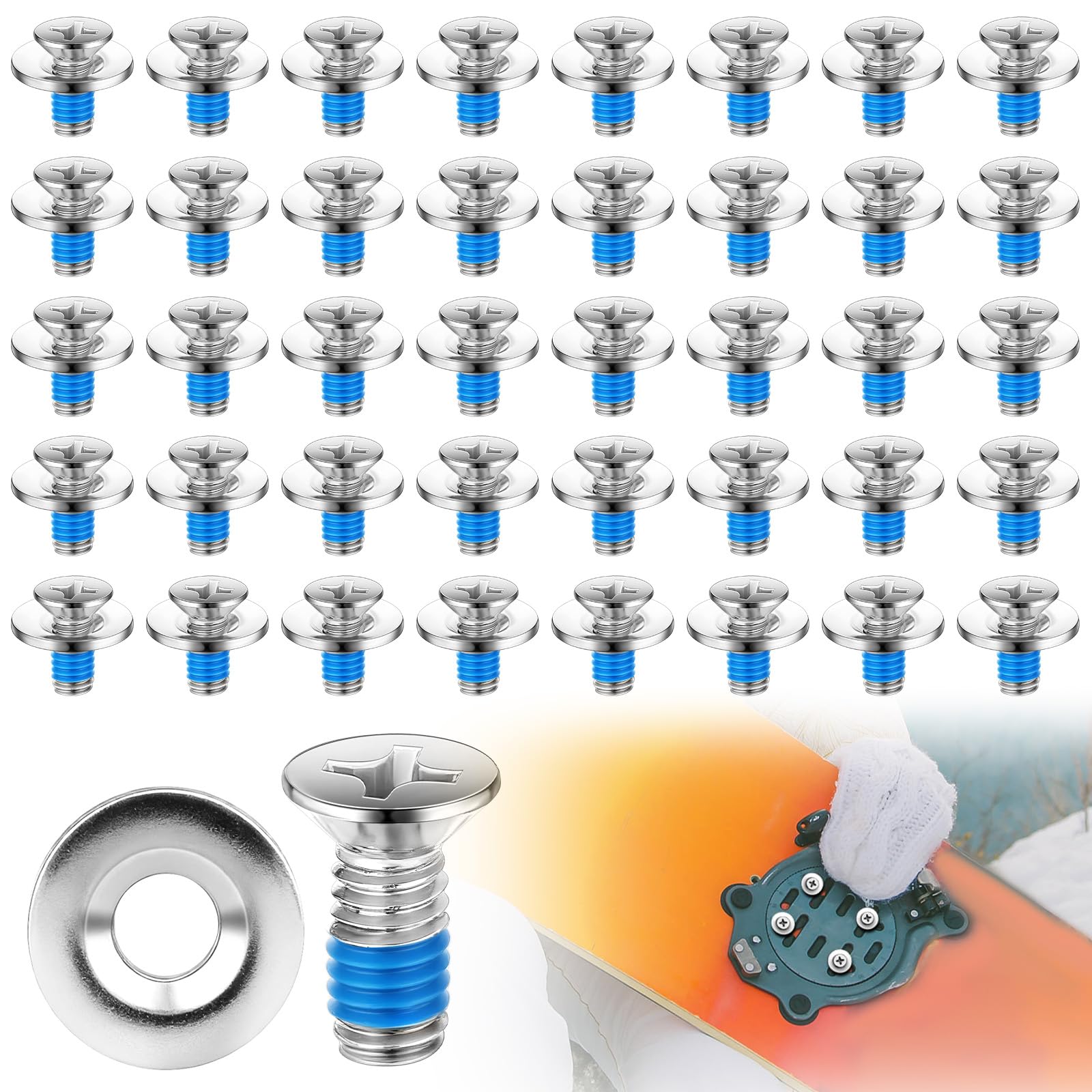 Moxweyeni 80 Pcs Snowboard Binding Screw Set Stainless Steel Snowboard Mounting Screws Hardware with Anti-Slip Washer Ski Binding Accessories Fits Most Ski Sport Bindings Discs Replacement(M6×17mm)