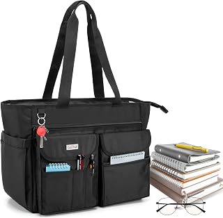 LoDrid Teacher Tote Bag with Bottom Pad, with Separated Storage Laptop Layer (up to 15.6 Inch), Teacher Carry Bag with Large Compartment, Teacher Bags and Totes for Women, Black