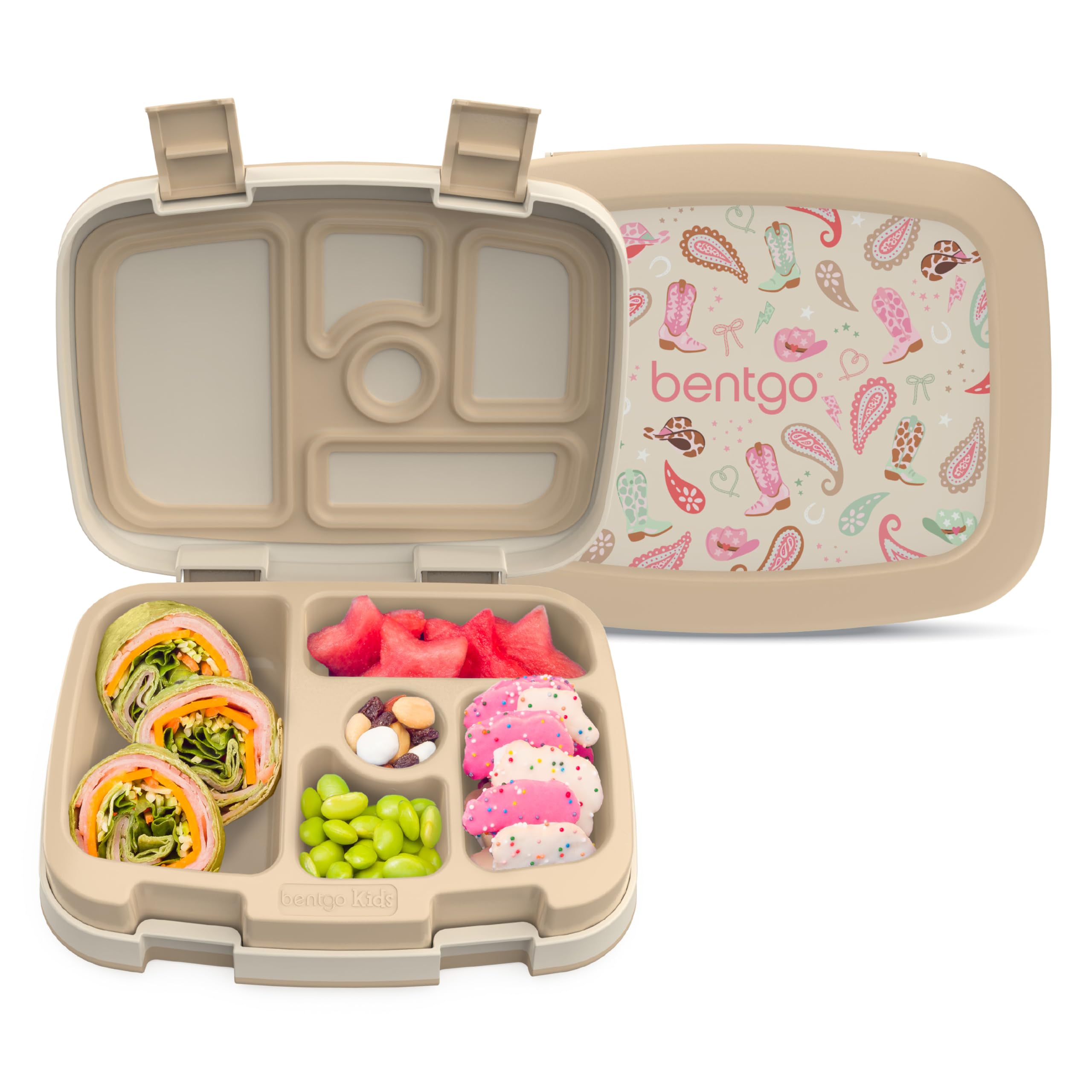 Bentgo Kids Prints Leak-Proof, 5-Compartment Bento-Style Kids Lunch Box - Ideal Portion Sizes for Ages 3-7, Durable, Drop-Proof, Dishwasher Safe, PFAS- &amp; BPA-Free Materials (NEW Cowgirl Dreams)