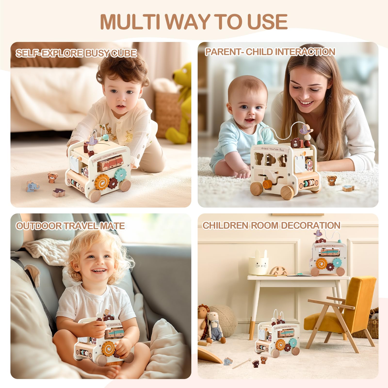 OESSUF Cubo Motore Baby Montessori 9 in 1 Autobus per 12 Mesi di Attività, Giocattolo in Legno per Bambini da 1 Anno, Regalo per Ragazze e Ragazzi