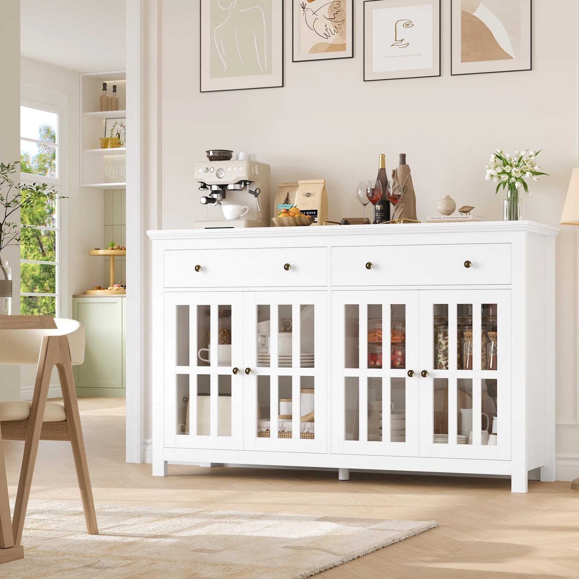 FirFurd Mobile Cucina, Credenza Soggiorno con 4 Ante in Vetro, Buffet Mobile Moderno con 2 Cassetti Ripiani Regolabili o Rimovibili, per Cucina, Soggiorno, Sala da pranzo, 140x40x90.7cm, Bianco