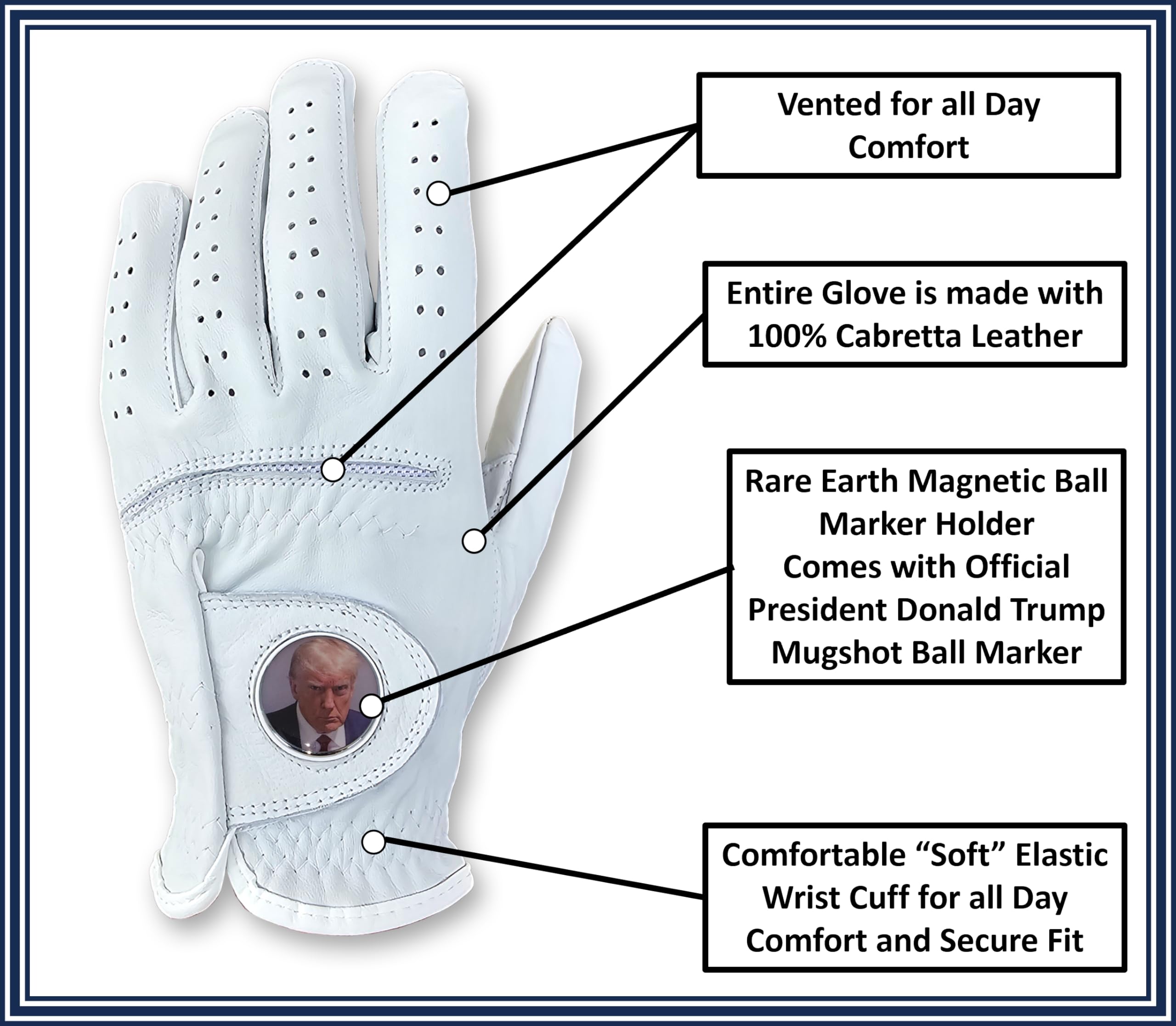 Trump Mugshot Golf Gloves Men’s - Cabretta Leather Golf Gloves with Donald Trump mugshot ball marker and Hat Clip, Shocker Golf Gloves, Mens Golf Essentials, Fun Gag Gift, Right Left Hand, SM to XXL