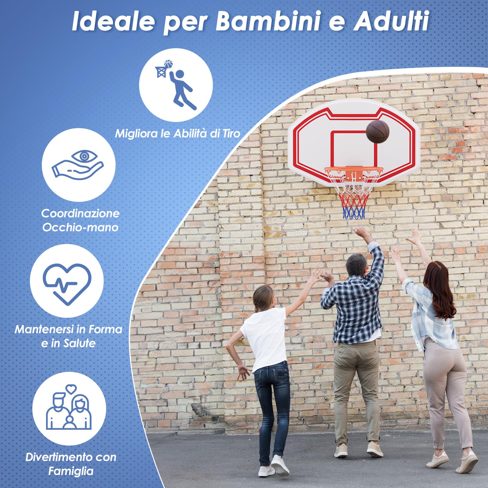 COSTWAY Tabellone Basket a Muro Interno ed Esterno, Canestro da Basket a Parete con Tabellone Anti-Rottura da 91 x 61 cm, Rete Resistente e Cerchio Standard da 45 cm