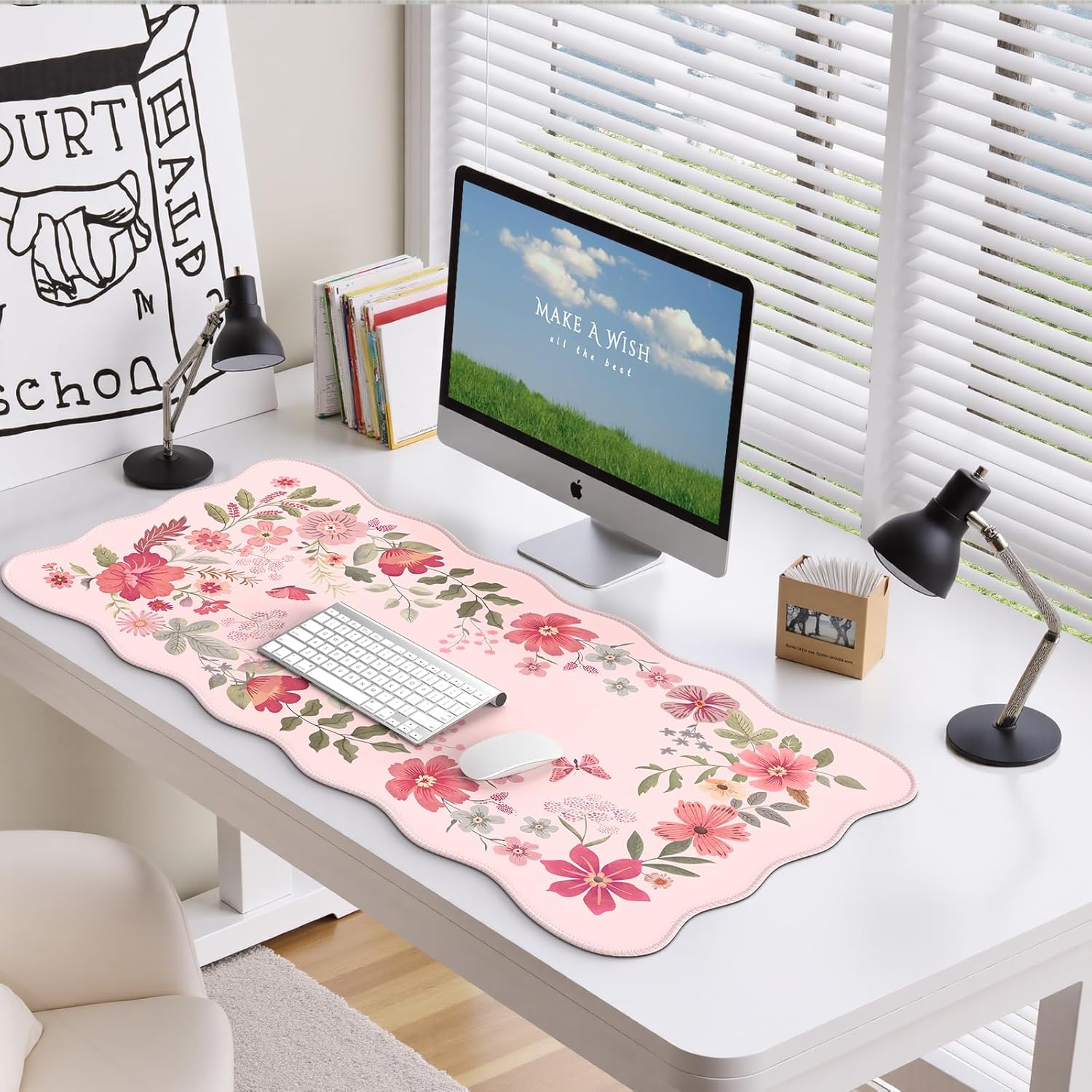 HAOCOO Desk Pad Mat, Pink Scalloped Desk Pad, Computer Desk Mat, Non-Slip Desk Pad for Keyboard and Mouse, Large Desk Mouse Pad with Egde Stitched, Waterproof Floral Keyboard Mat for Office (Hot Pink) - Image 6