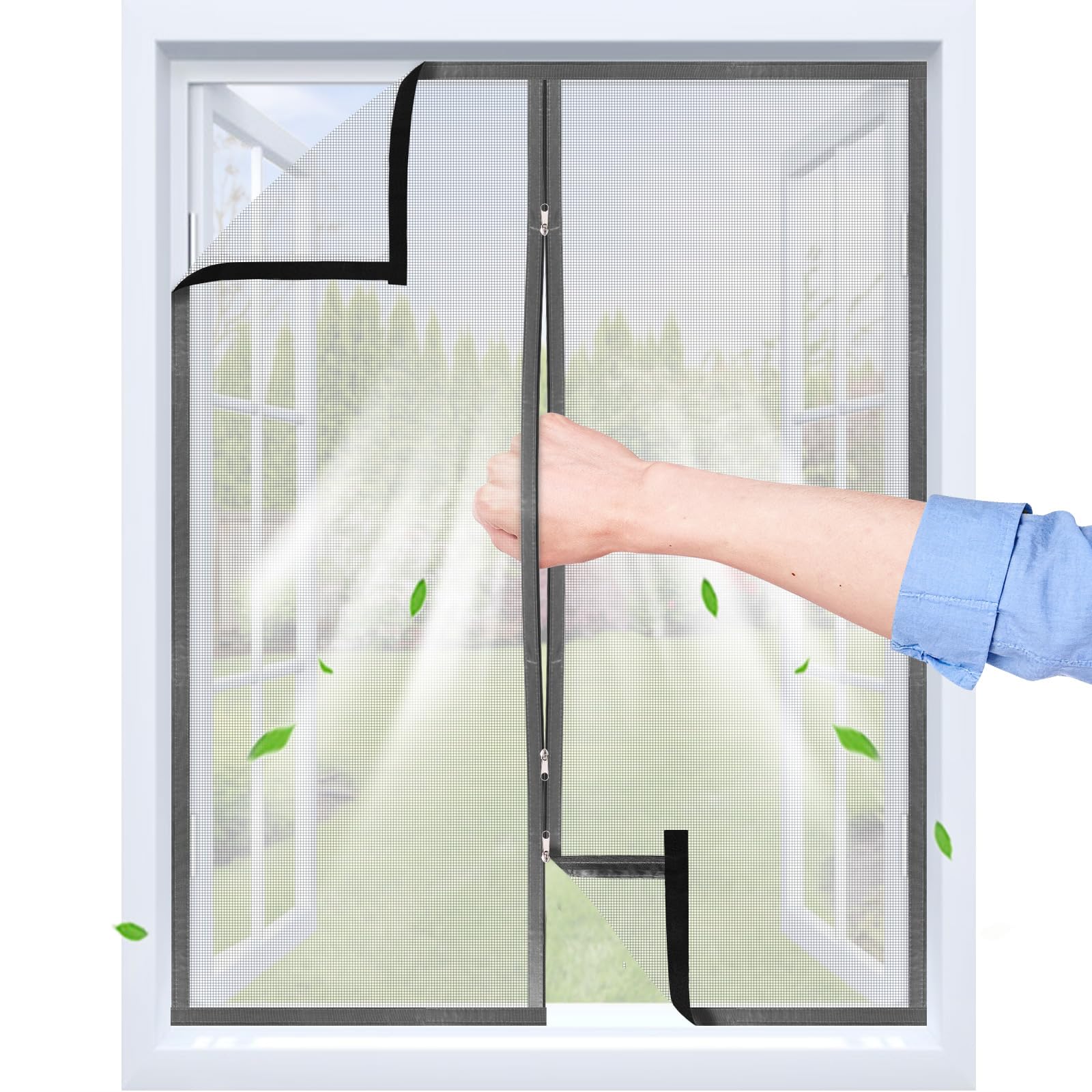 Fliegengitter Fenster Mit halbtransparentem Klettband & Zipper | 95x105 cm | Selbstklebender Insektenschutz für Dachfenster | Robust & Atmungsaktiv Moskitonetz (Hellgrau)