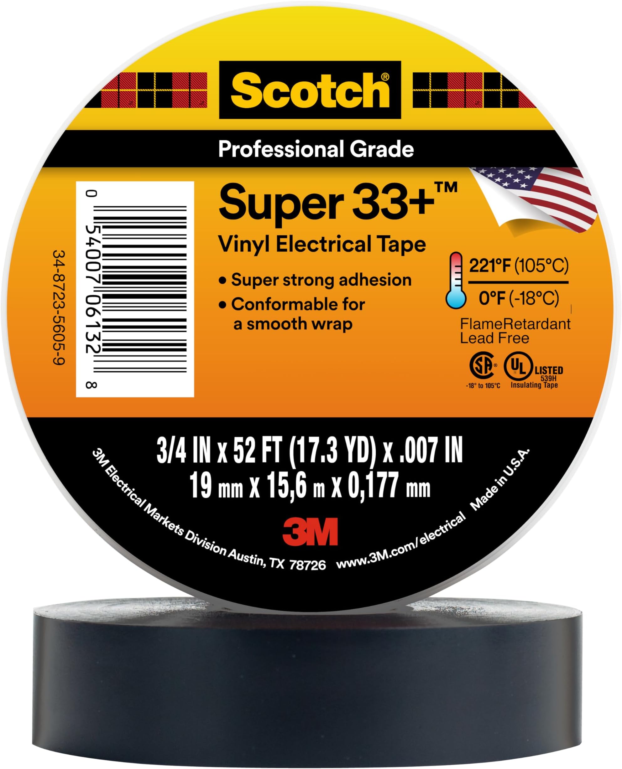 Scotch Super 33+ Electrical Tape - 3/4 in x 52 ft, Premium Grade All-Weather Vinyl, Resistant to Abrasion, Moisture, Corrosion, Alkalies - Black, 1 Roll