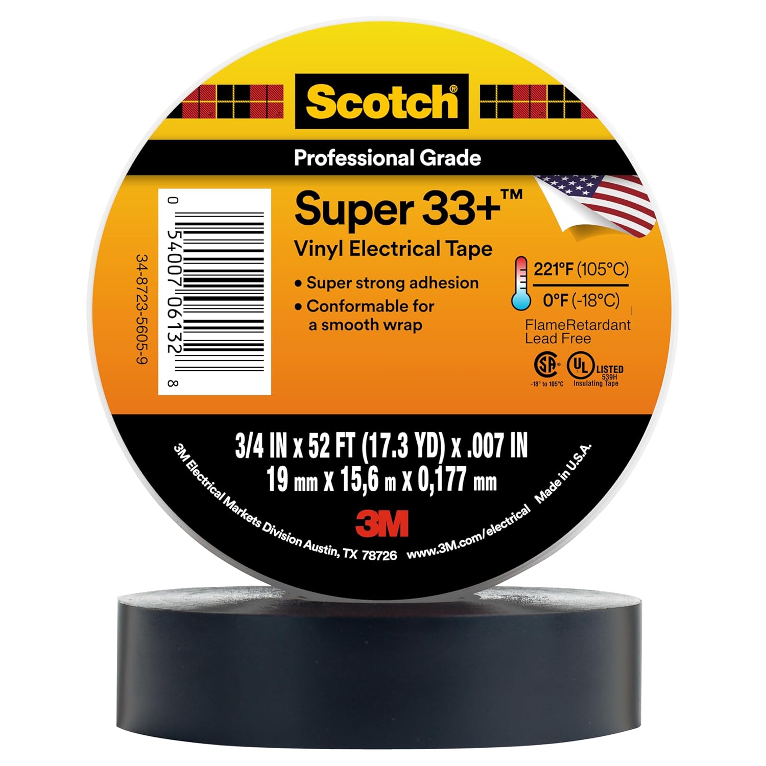 3M Scotch Super 33+ Vinyl Electrical Tape 3/4in x 52ft Black - Premium All-Weather, Abrasion Moisture UV Resistant, UL Listed Professional Grade