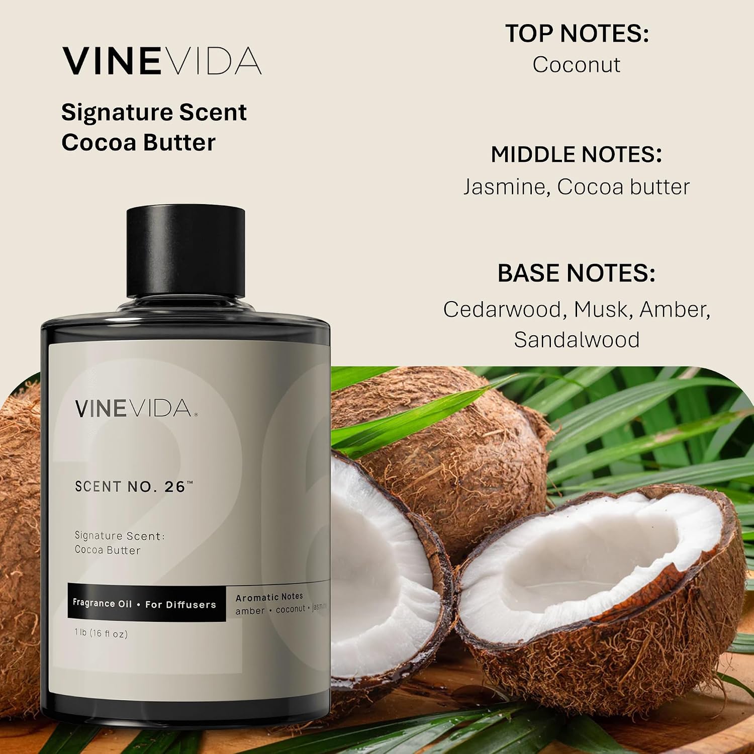 VINEVIDA [16 Fl Oz] Cocoa Butter Fragrance Oil for Cold Air Diffusers, Essential Oils for Diffuser Oil Refill & Air Freshener Room Spray