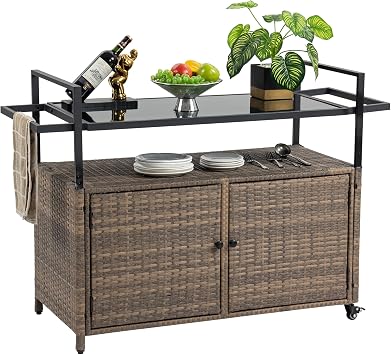 Outdoor Kitchen Island Wicker Rattan Bar Table, Glass Top Patio Serving Cart Rolling Bar Cart with 2-Tier Shelf & Cabinet for Patio Poolside Party Light Brown