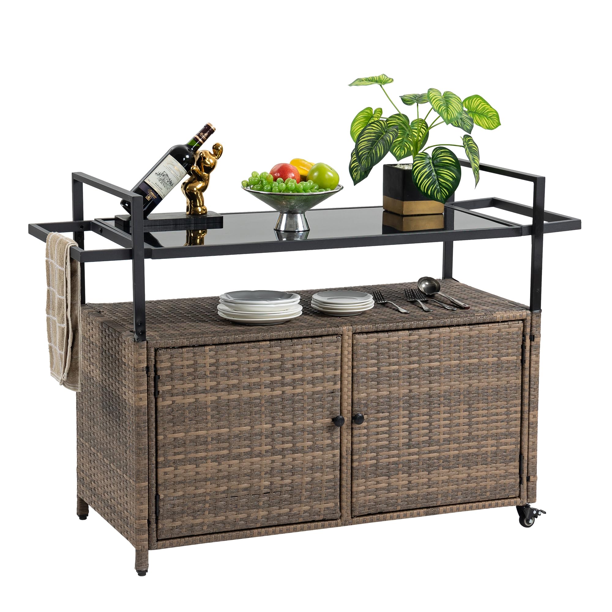 Rpuzonier Outdoor Kitchen Island Wicker Rattan Bar Table, Glass Top Patio Serving Cart Rolling Bar Cart with 2-Tier Shelf & Cabinet for Patio Poolside