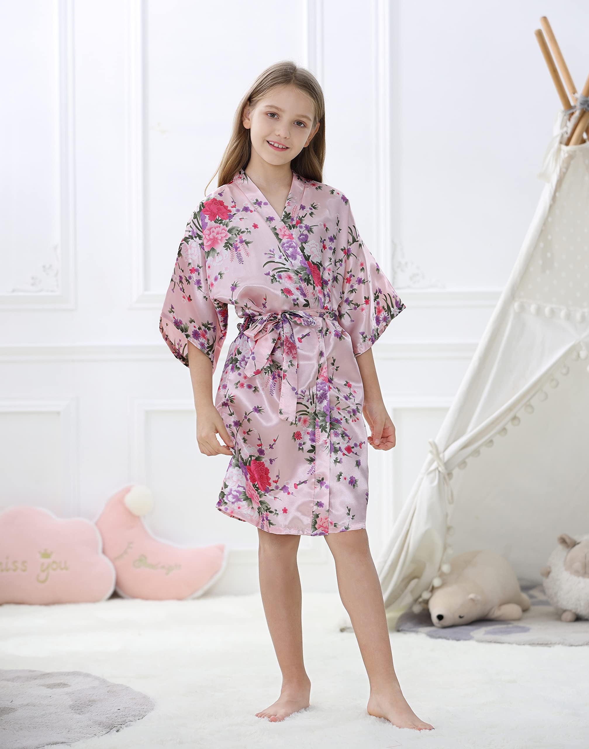 Kids Girls Robes Silky Satin Knee-Length Kimono Robe Set Birthday Spa Bridal Party Flower Girl Blossoms Pattern Lounge Sleepwear (Pink, Tag 12)