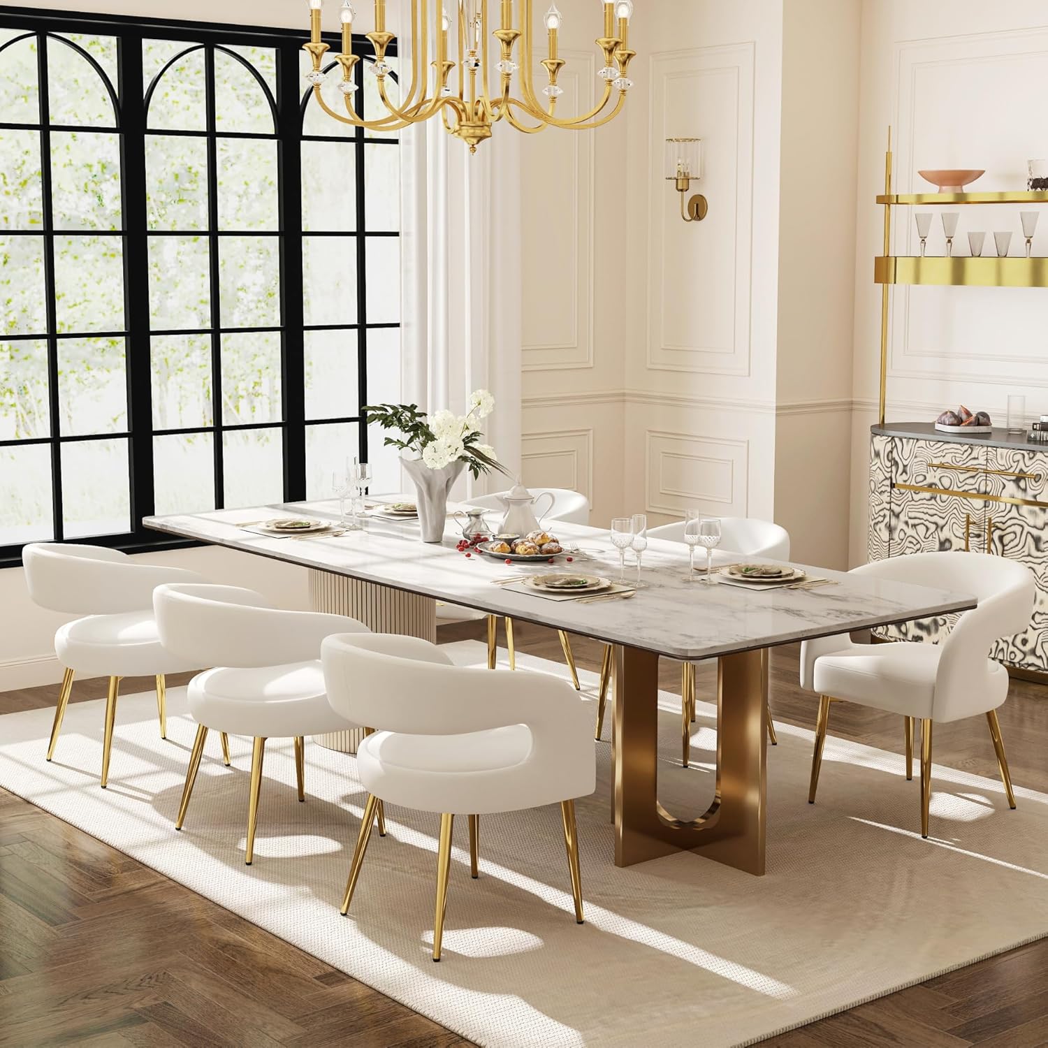 Hyfirm White and Gold Dining Chairs Set of 6, Upholstered Velvet Barrel Dining Room Chairs Luxury Modern Comfy Armchairs for Kitchen Recepition Restaurant