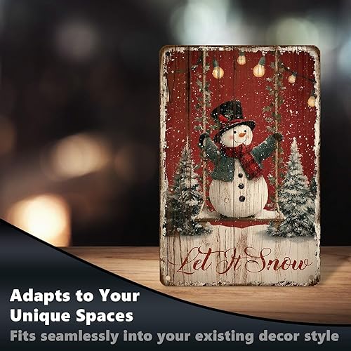 Miniatura 6 de Cartel de hojalata retro con texto en inglés "Let it Snow" para Navidad, invierno, vintage, muñeco de nieve, póster de metal divertido para puerta