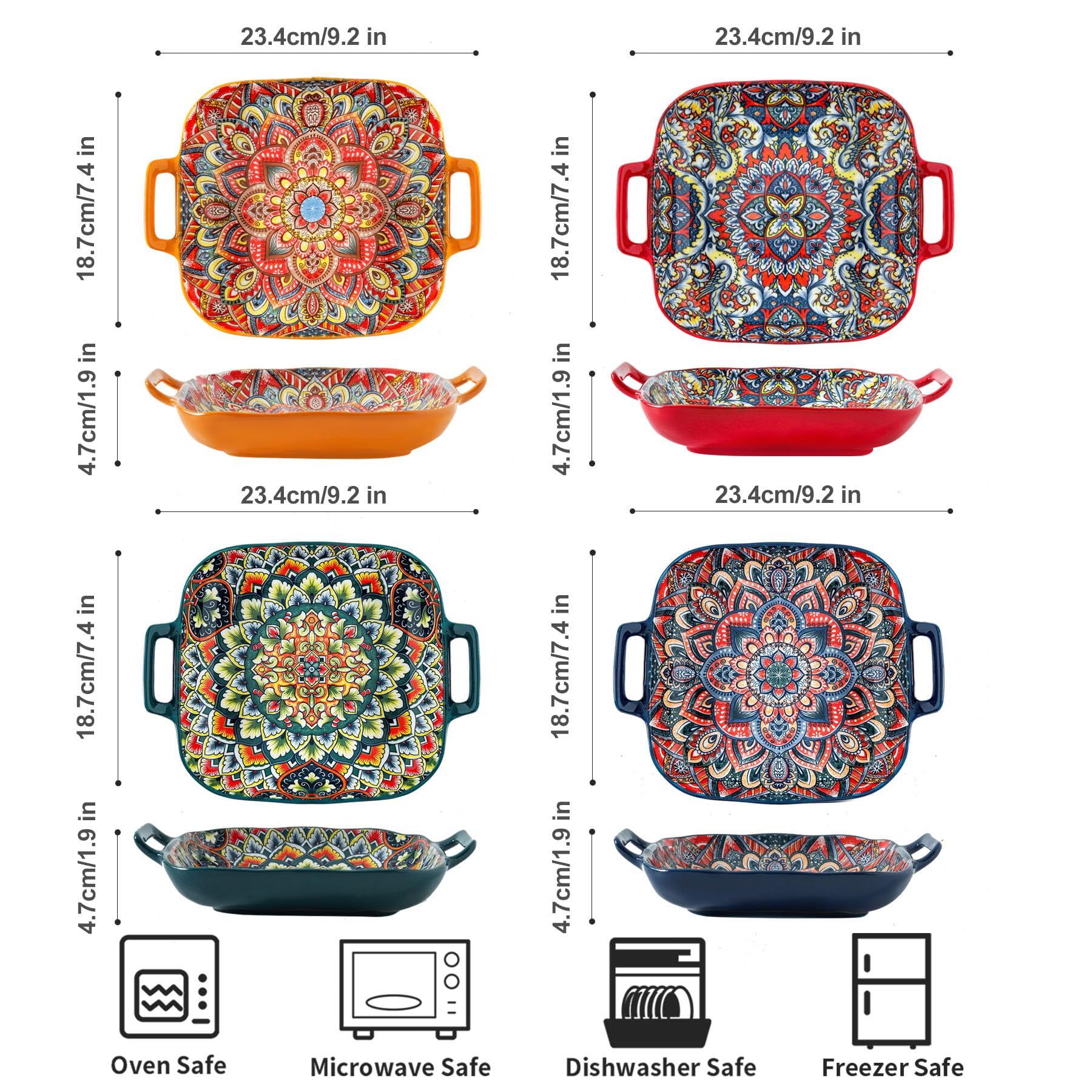 YELLOYA Ceramic Salad Plates with Double Handle 9.2in Set of 4, Colorful Plates Set for Appetizer, Cereal, Oatmeal, Dessert, Pasta, Ice Cream, Dishwasher and Microwave & Oven Safe - Colorful