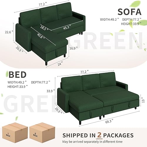 Miniatura 2 de Walsunny Sofá cama seccional, sofá cama extraíble con diván de almacenamiento oculto, cómodo sofá cama de pana, sofás modulares reversibles en forma