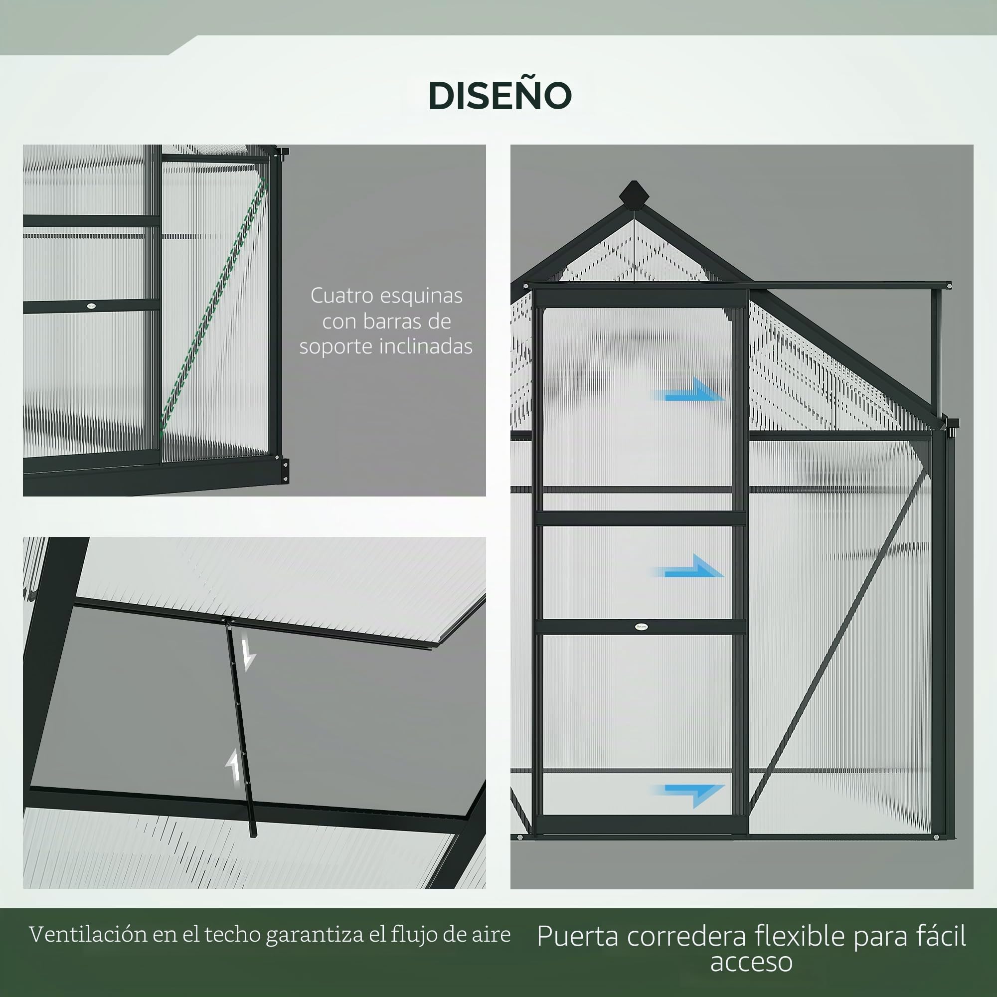 Outsunny Invernadero de jardín en policarbonato 2,51 m² Invernadero de jardín de aluminio resistente a los rayos UV 190 x 132 x 201 cm, con base reforzada, canalón, lucernario y puerta corredera, Gris