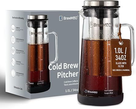 BrewMOO- Airtight Cold Brew Coffee Maker Pitcher, 1.0L/34Oz Thick Glass Carafe with Filter, Comfort Sturdy Handle & Wide Spout, Non-Slip Base | Iced Tea Maker Black