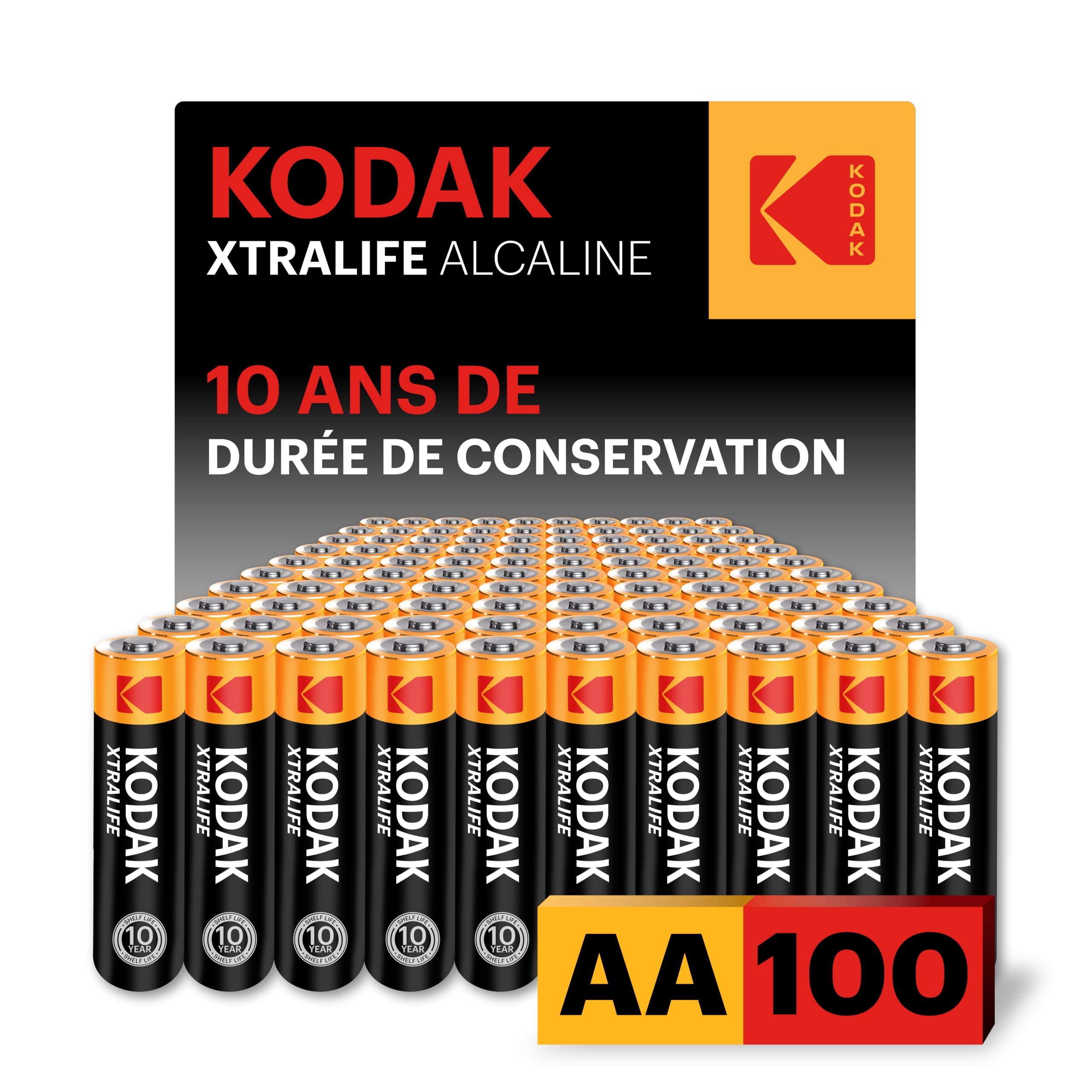 Kodak Xtralife - Paquete de 100 pilas AA, doble A, 1,5 V, 10 años de vida útil, LR6, paquete económico a granel para dispositivos de alto uso, alto drenaje, 12 veces más potencia