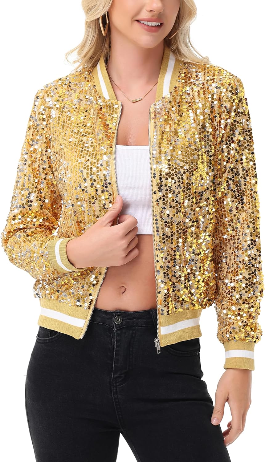 Anna-Kaci Women's Sparkly Sequin Jacket Long Sleeve Zipper Glitter Bomber Jacket Coat with Ribbed Stripe Cuff - Image 3