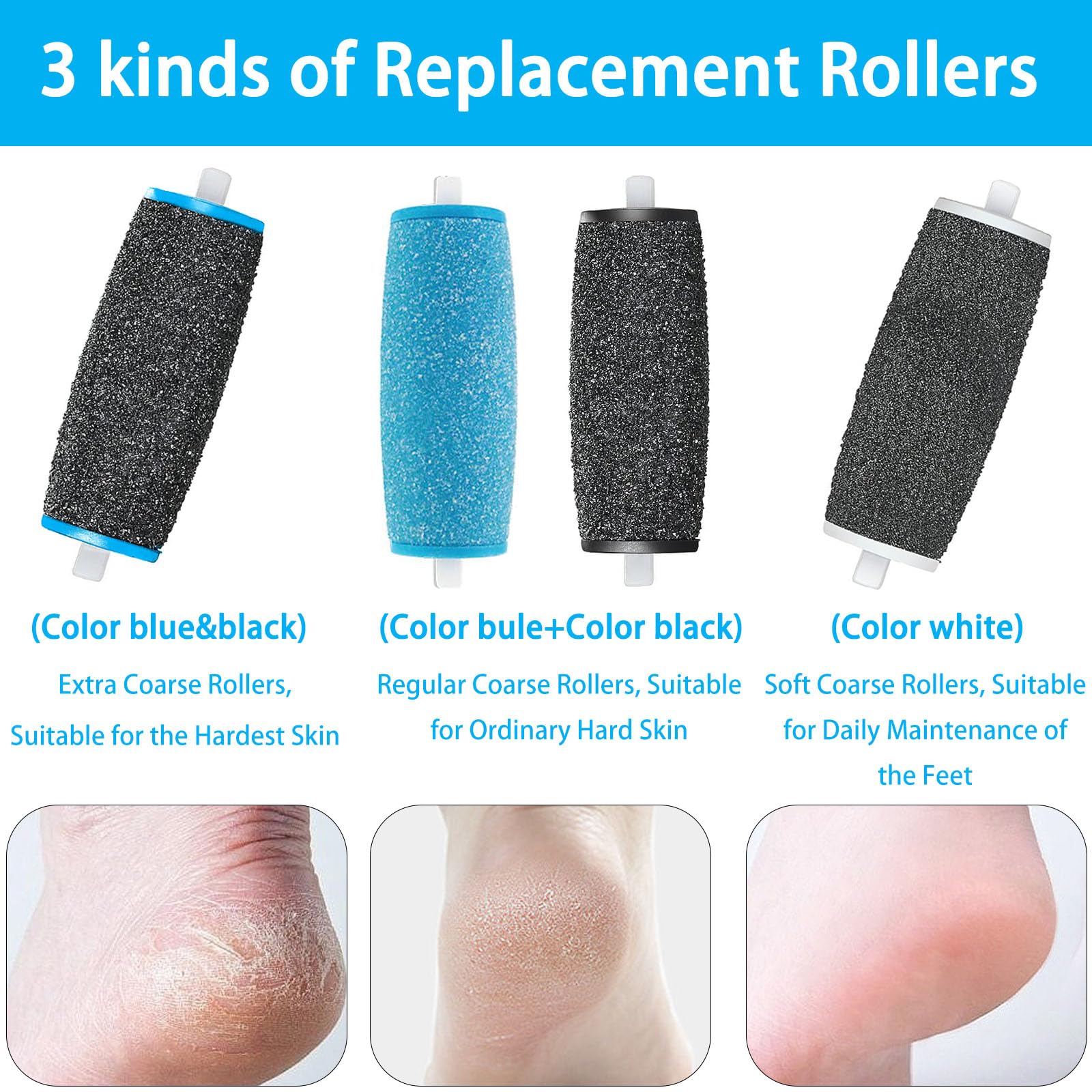 Rullo Ricambio Compatibile con Scholl Velvet Smooth, Roll Ricariche Professionale per Pedicure Elettrico, 3 Tipi di Rugosità, Pietra Pomice per Piedi, Raspa Piedi, Esfoliante, Togli Calli