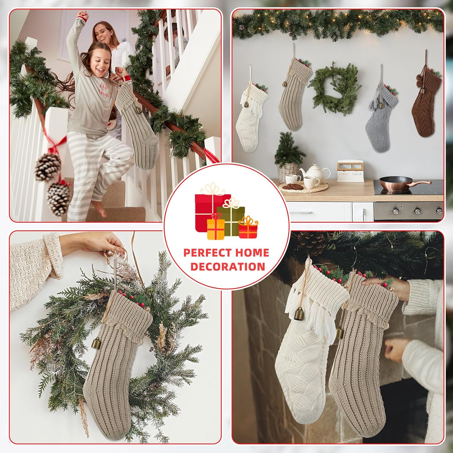 Estune 4 Pack 18'' Boho Brown Christmas Stocking with Bells Cable knitted Christmas Stocking Large Neutral Farmhouse Vintage Xmas Hanging Decorations for Fireplace Family Holiday Decor(Vintage)