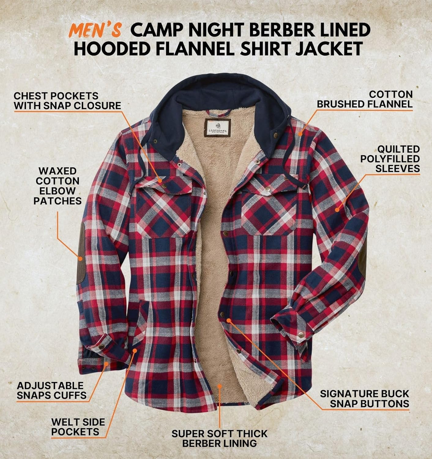 Legendary Whitetails Men's Hooded Shirt Jacket Plaid Flannel Berber Lined Polyfill Insulated - Image 3