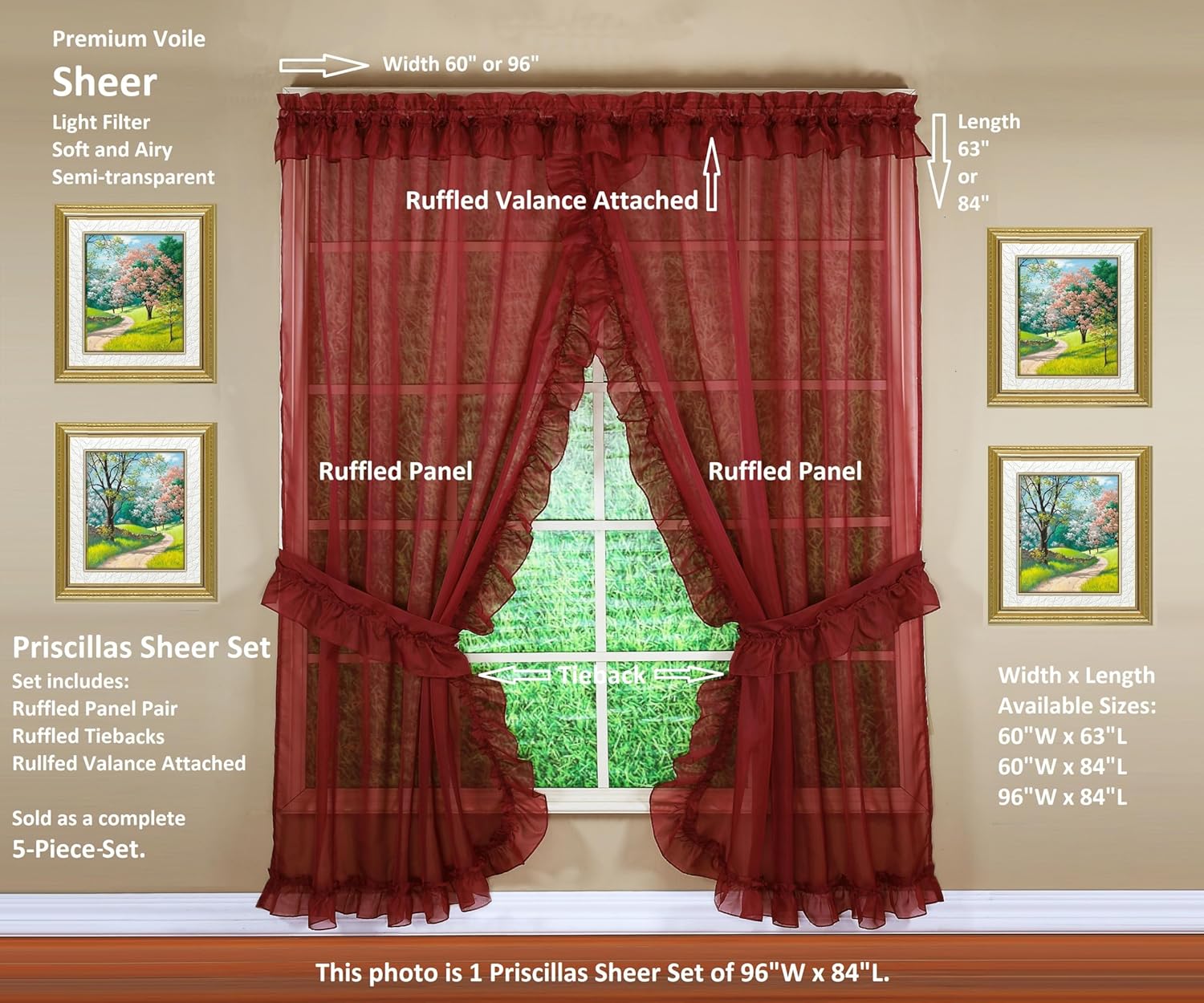 Today's Curtain, Emelia Priscilla Sheer Pair 60" W x 84" L, Burgundy, 5-Piece-Set