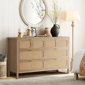 6 Drawer Dresser, Rattan Dresser for Bedroom with Metal Handles, Farmhouse Wood Storage Chest of Drawers for Bedroom, Living Room, Hallway, Entryway, Oak