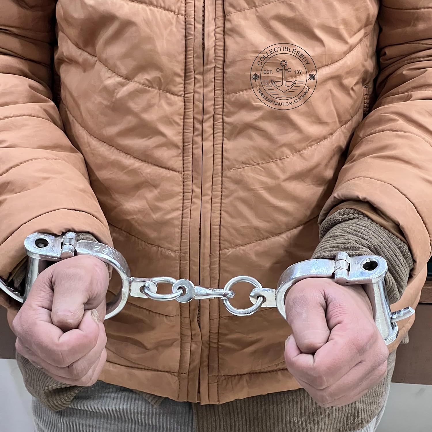 Hand Forged Pirate Handcuffs Iron Jailor Police Handcuffs Vintage Inspired Man Cave Decor Heavy Duty Chain Double Lock Professional Grade (Silver)