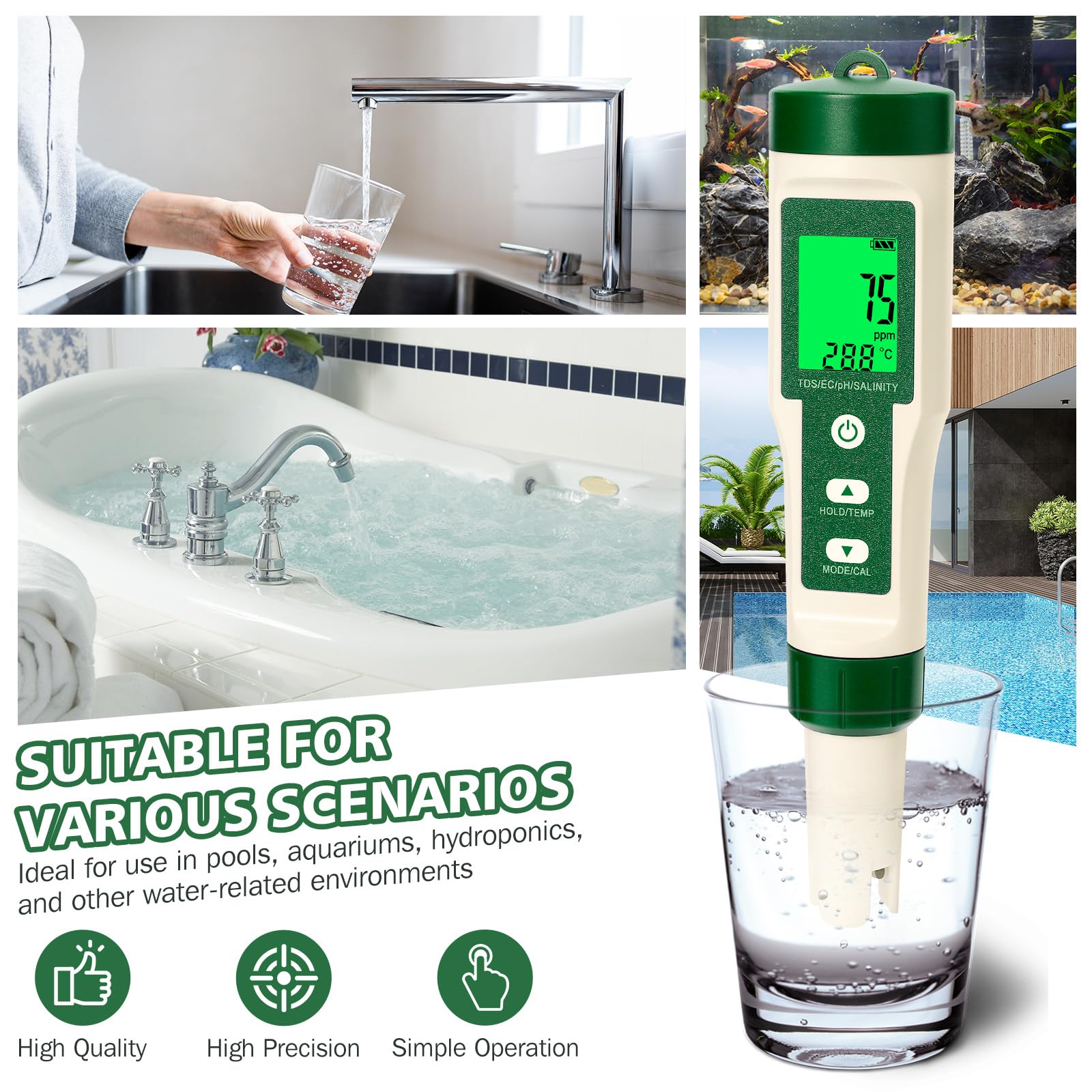 Testeur pH 5 en 1 Numérique, pH Mètre avec Automatique de la Température, Précision 0.01, Mesure pH, TDS, EC, Salinité et Température, Testeur d'Eau pour Piscine, Hydroponie, Aquarium, Eau Potable