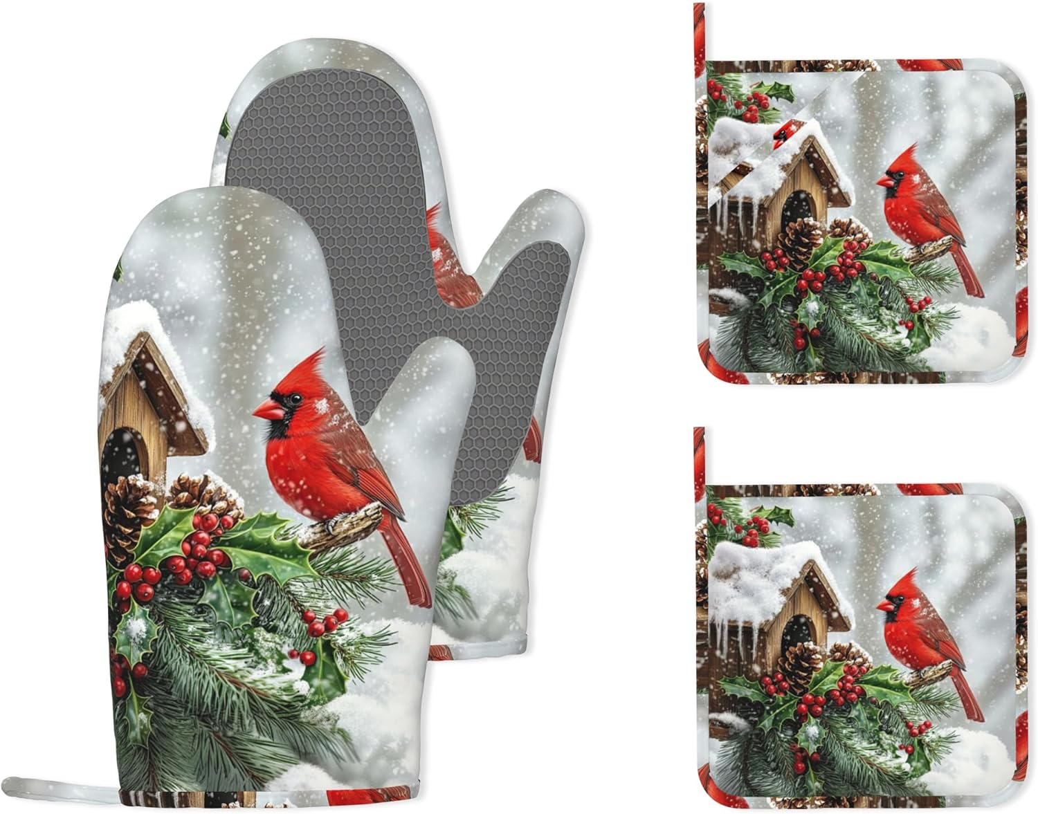 Cardinal Heat-Resistant Silicone Oven Mitts and Pot Holder 4 Piece Set,Christmas Berry Non-Slip Kitchen Oven Gloves for Baking, BBQ, Cooking,Grilling