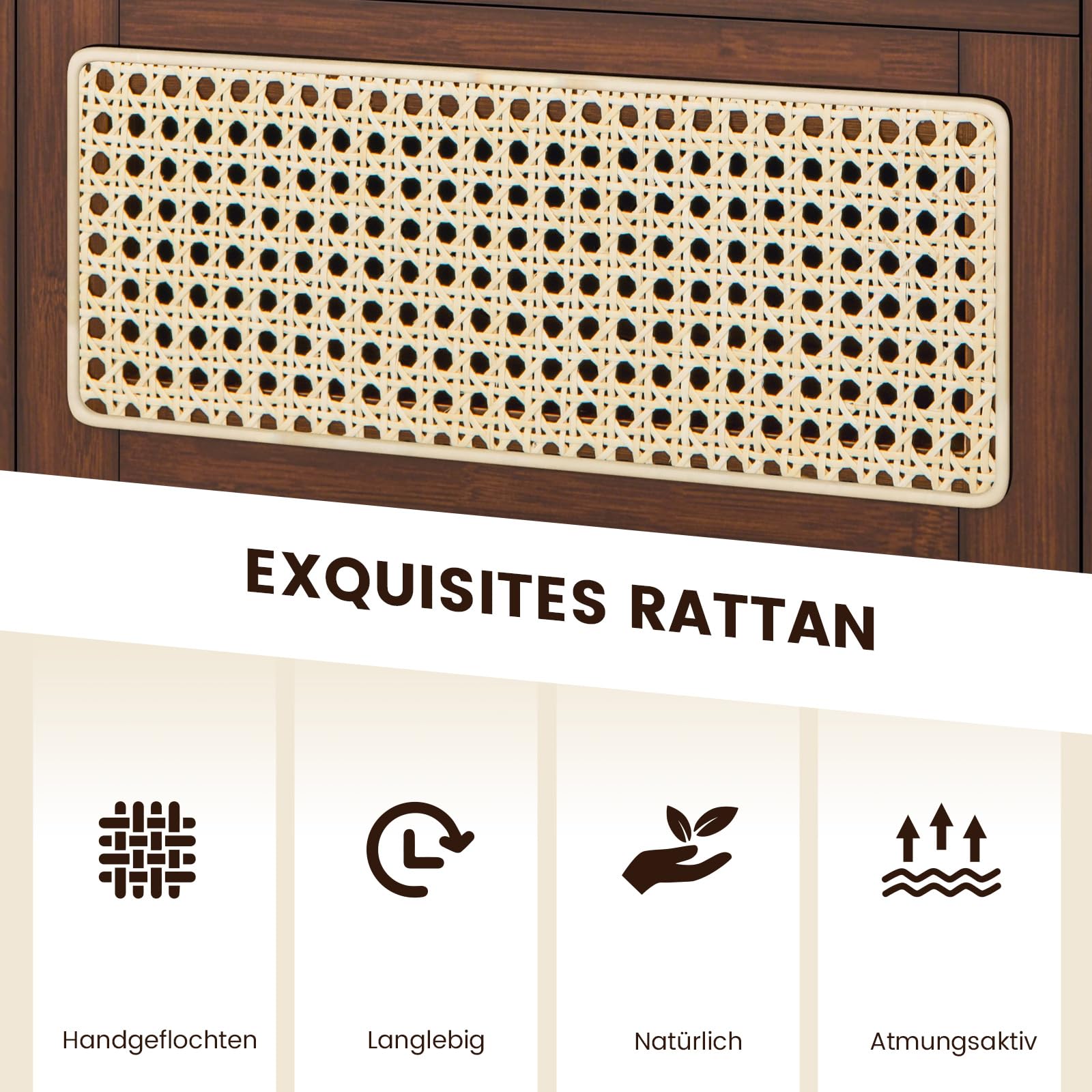 RELAX4LIFE Mesita de noche con cajón de ratán y estante abierto, mesita de noche con mesa de cristal y ranuras para cables, consola de noche de bambú, mesa auxiliar para salón o dormitorio (2, marrón)